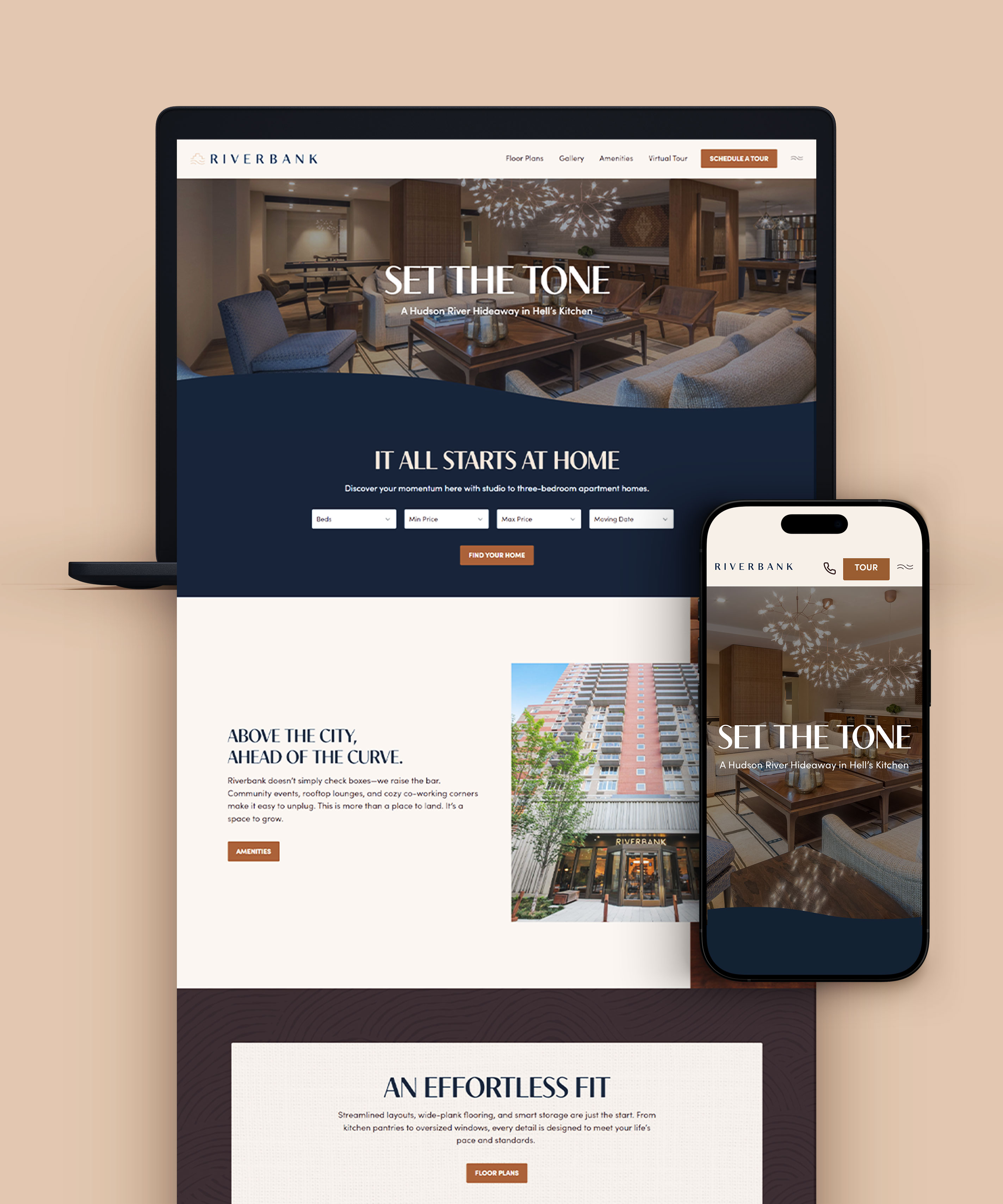 Riverbank luxury apartments website full homepage design by Sabato Design