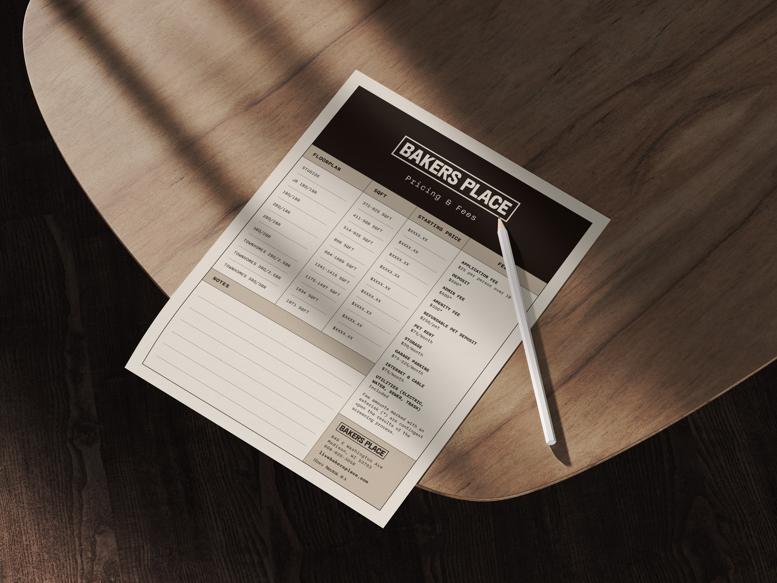 Bakers Place price sheet design by Sabato Design