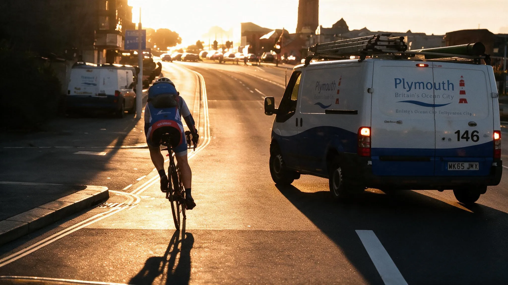 Cyclist travelling alongside a vehicle at sunset