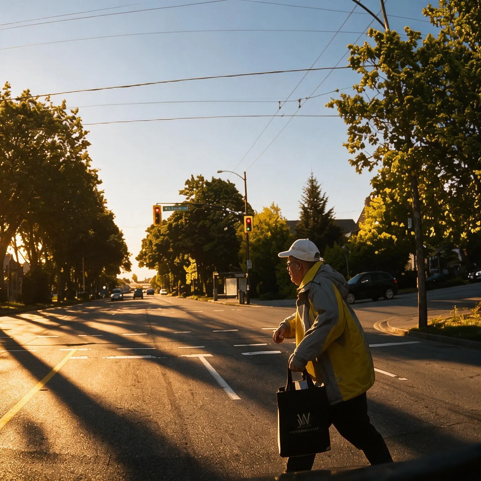 Pedestrian near a road junction