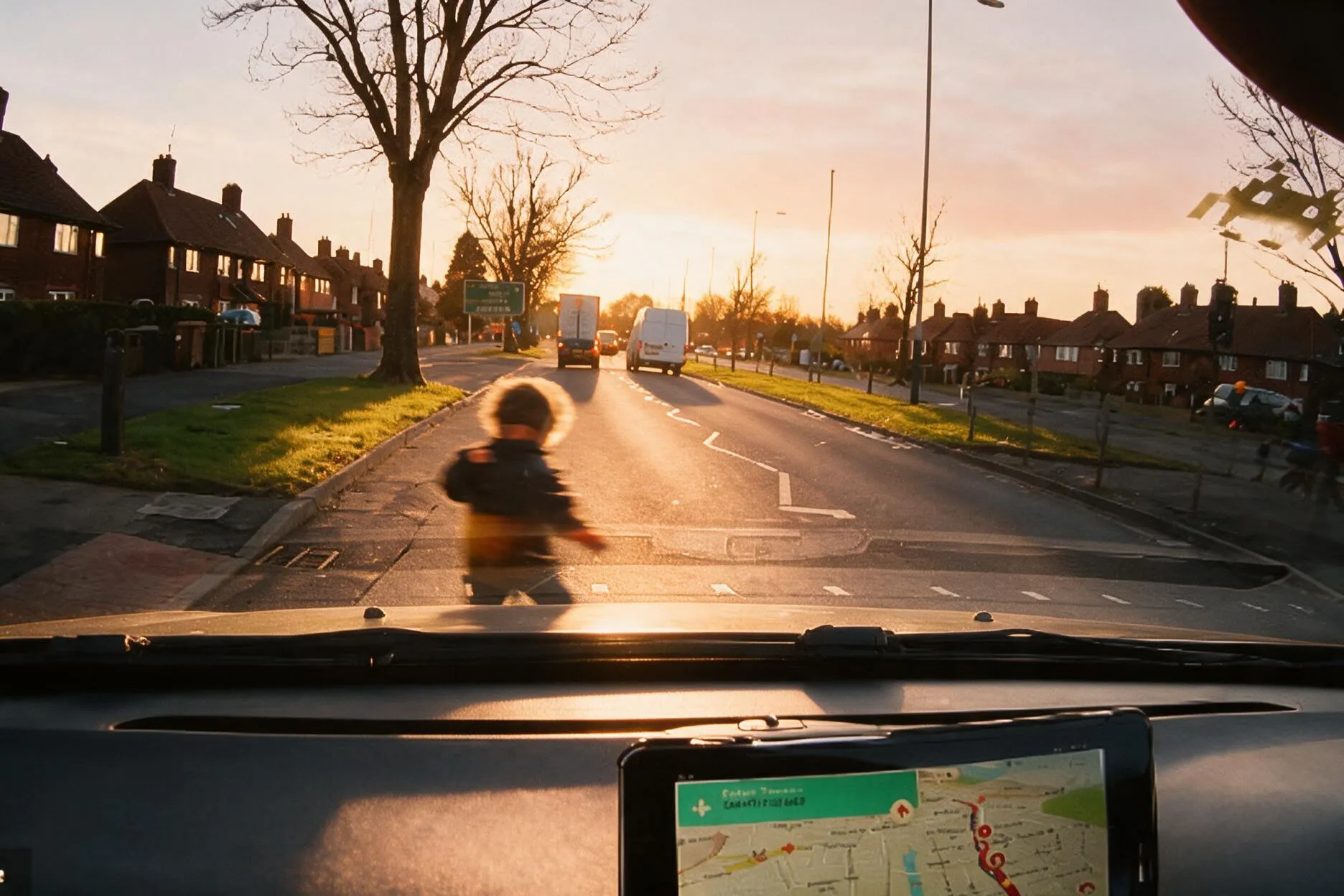 Pedestrian crossing a road at sunset