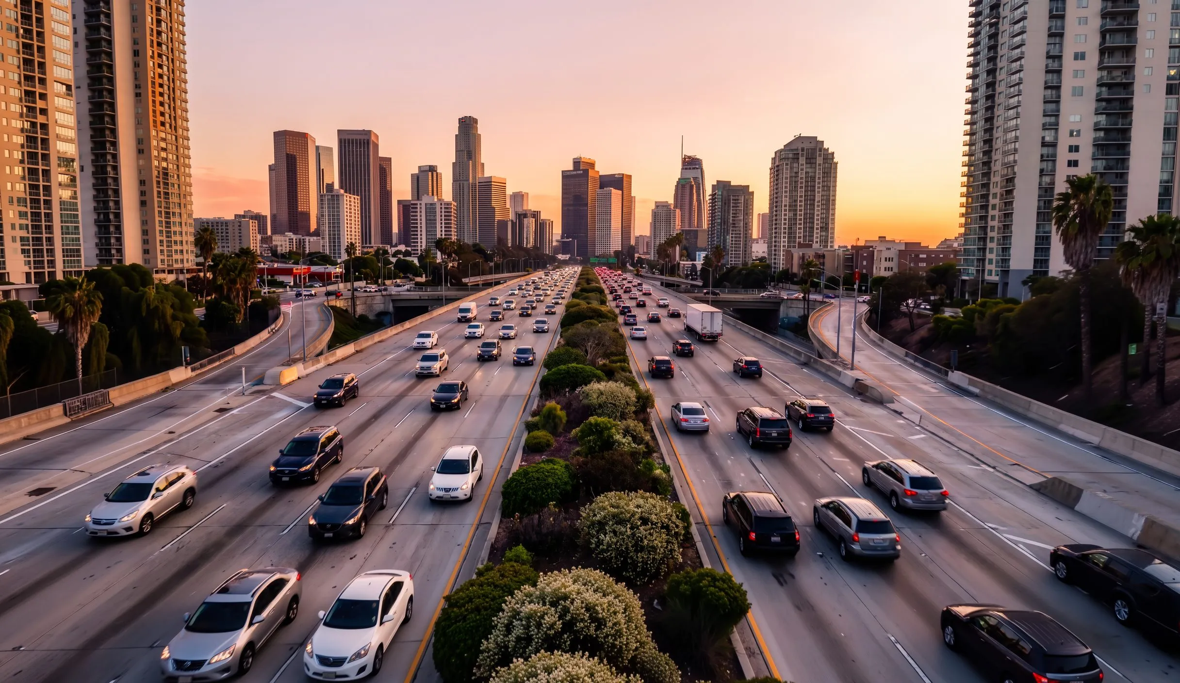 Multi-lane urban freeway at dusk carrying dense traffic past a city skyline