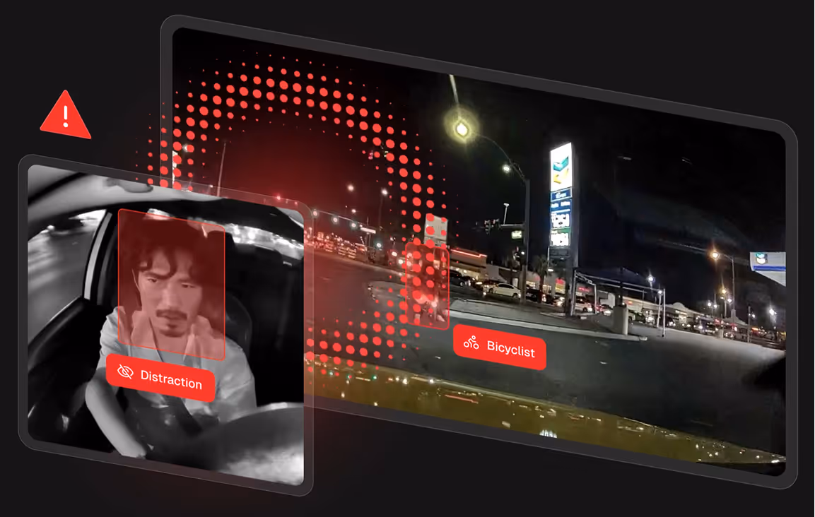 Night-time driver-facing and forward camera views, flagging driver distraction and a cyclist in the vehicle's path.