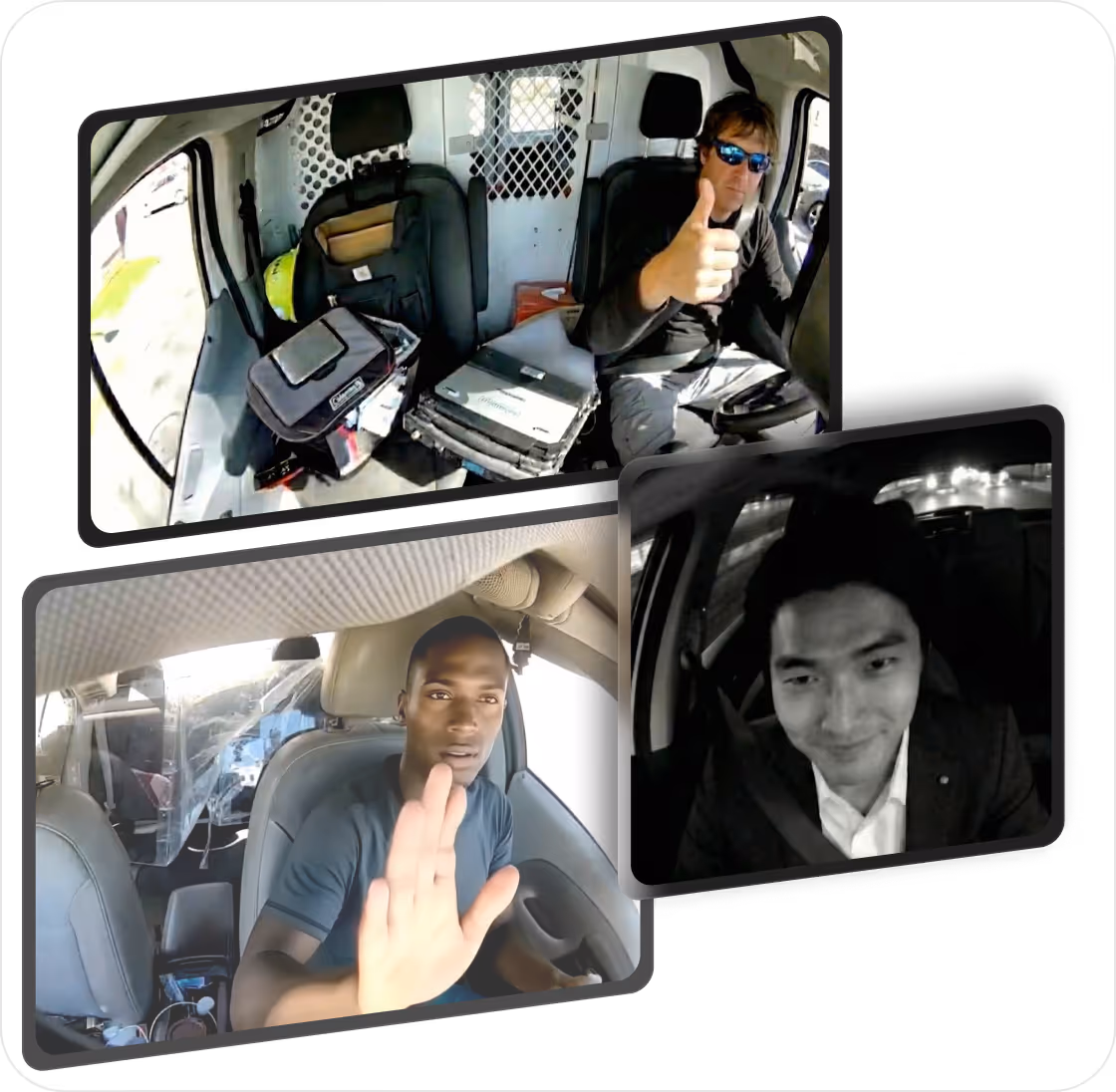 Three driver-facing camera frames: drivers giving a thumbs-up, waving and smiling at the camera.