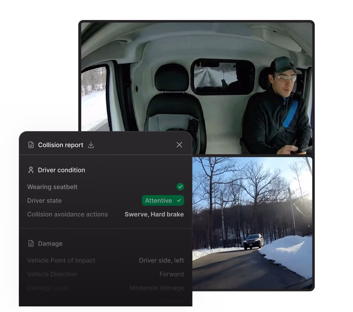 A collision report panel listing driver condition and damage detail, over in-cab and forward camera views of a winter road.