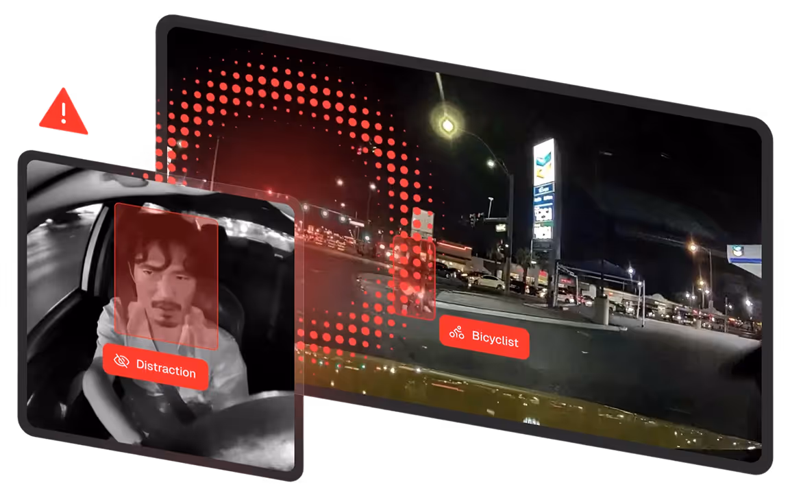 Night-time in-cab and forward camera views flagging driver distraction and a cyclist in the vehicle's path.