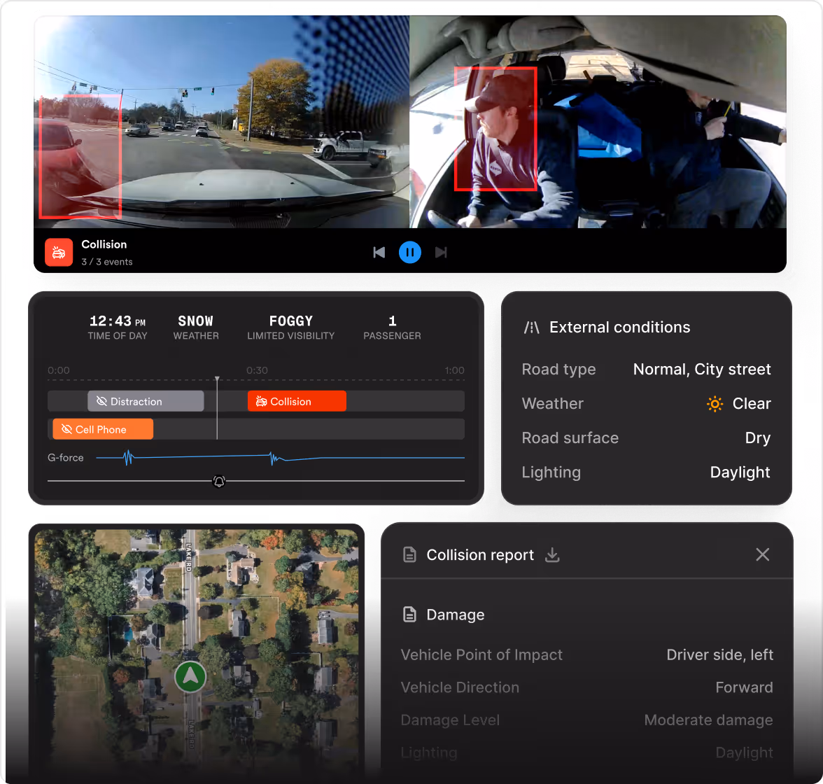 One incident view: dual camera playback, an event timeline with G-force, external conditions, a map of the location and the collision report side by side.