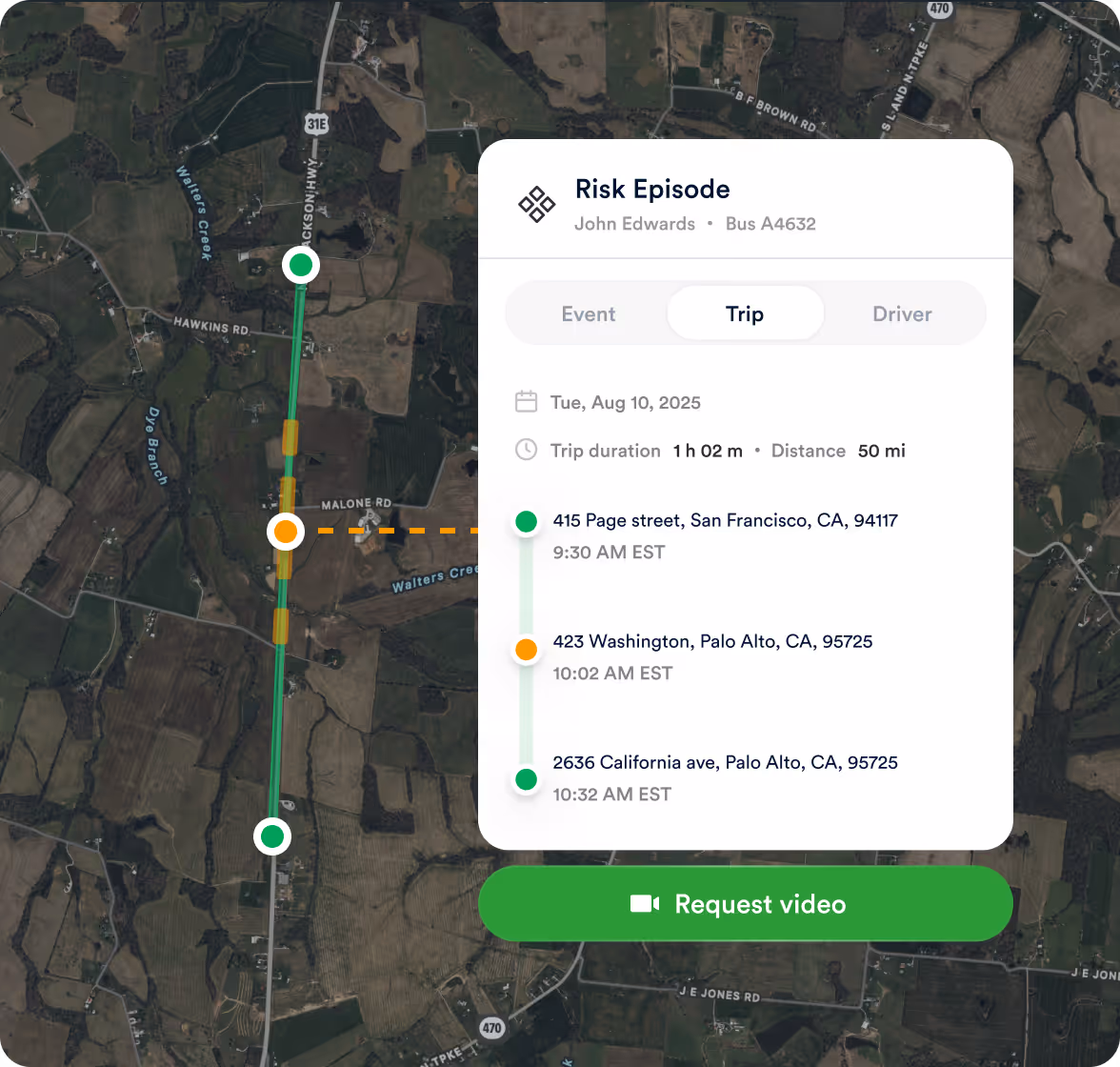 Satellite map of a trip with a risk episode marked, beside a panel of trip detail and a Request video action.