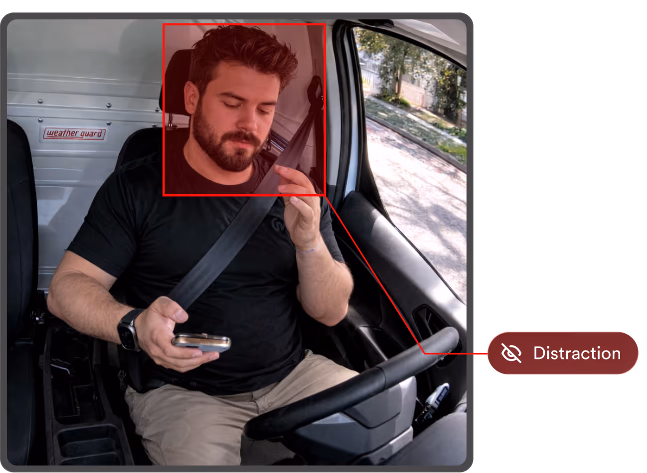 Driver-facing camera frame with the driver's face boxed in red and a Distraction label attached.