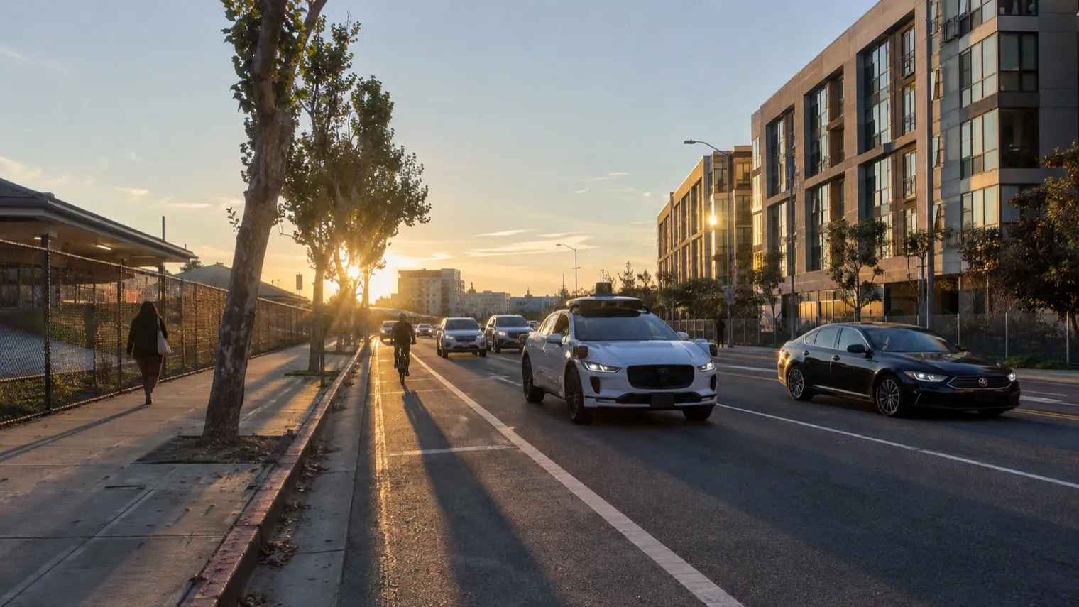 Autonomous vehicle on a tree-lined city street at golden hour