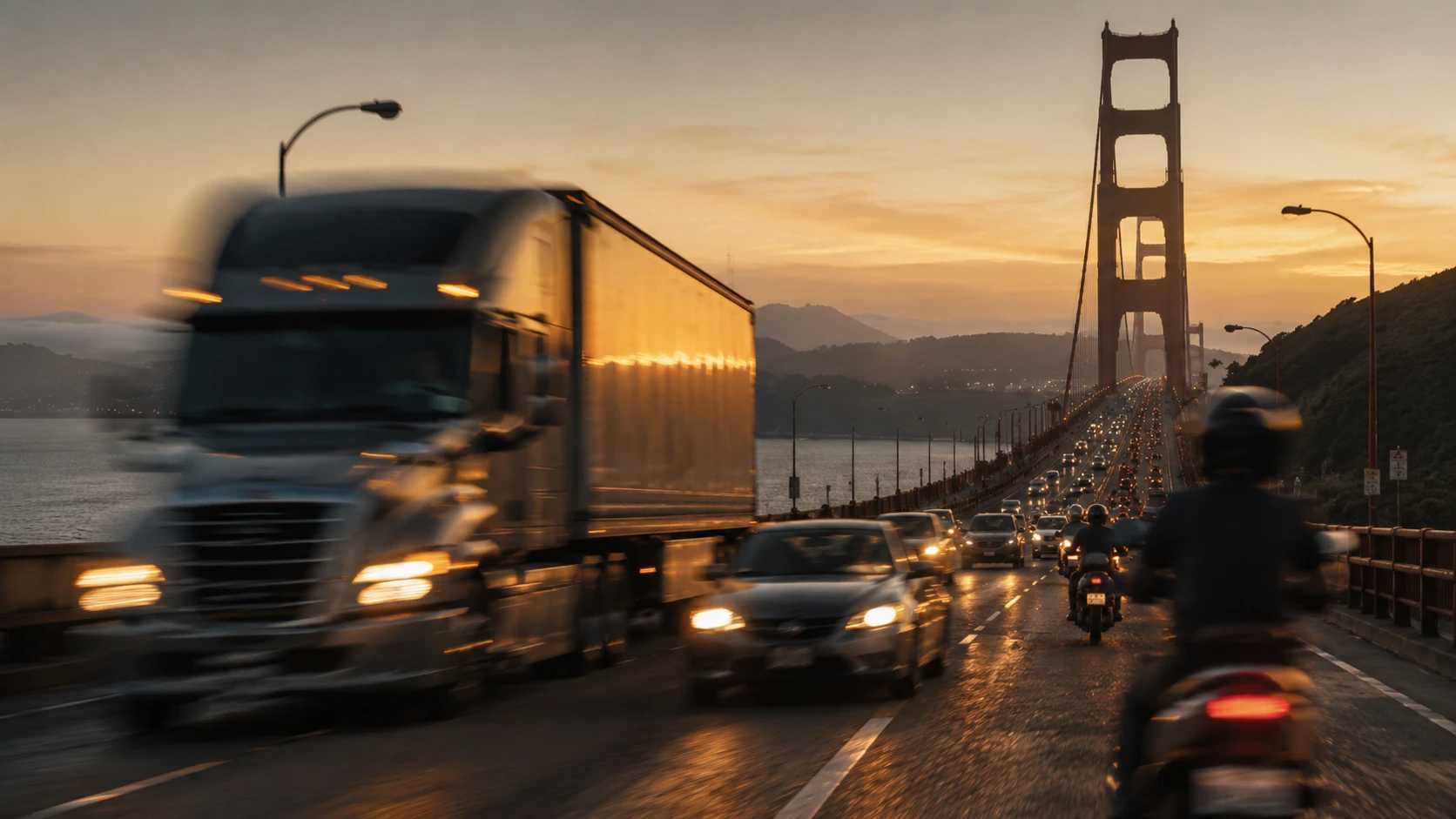 Mixed traffic crossing a suspension bridge at sunset, seen from a rider's position in the lane