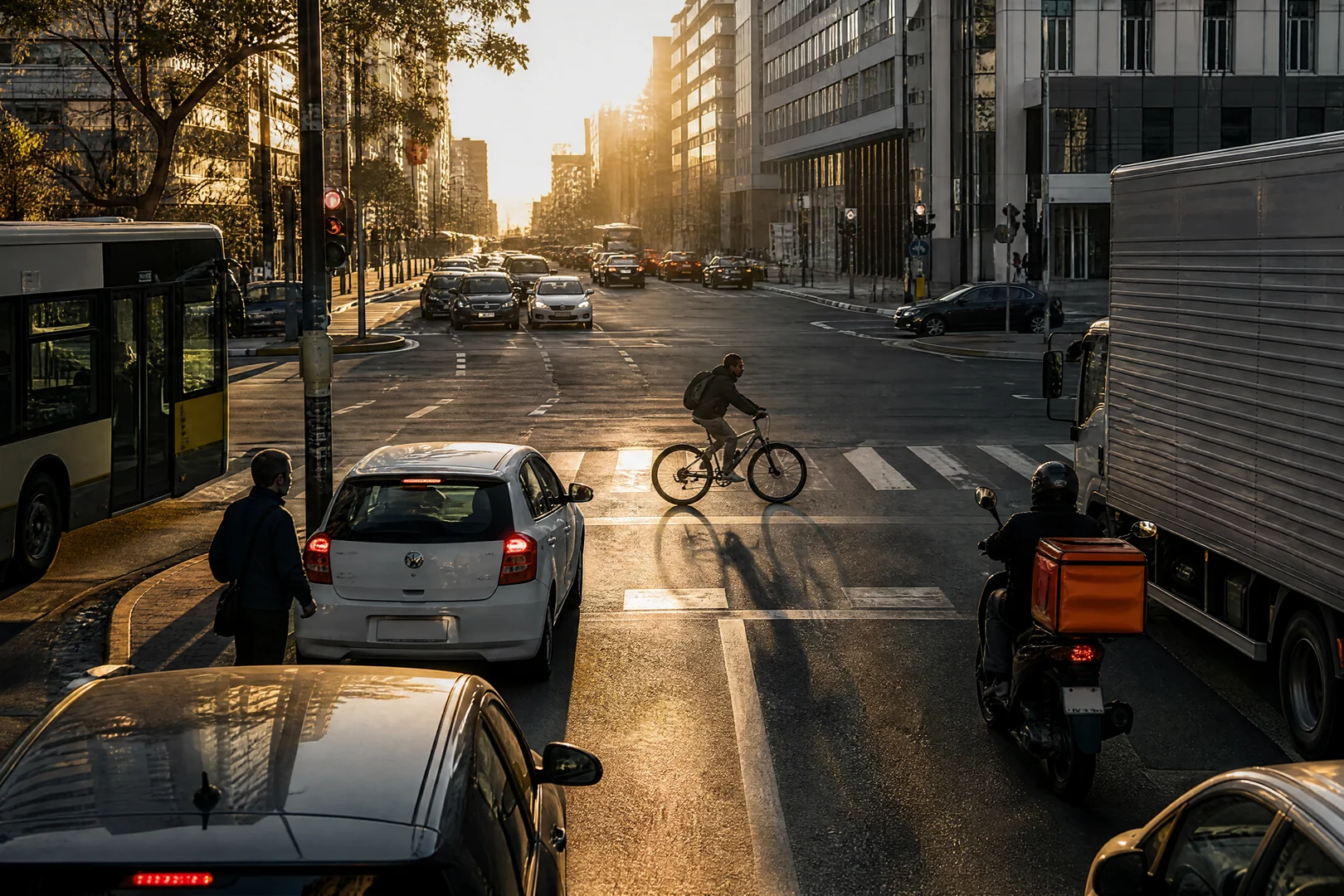 A city intersection at golden hour: a transit bus, a box truck, a delivery scooter, a cyclist crossing and a pedestrian waiting, all sharing the same road