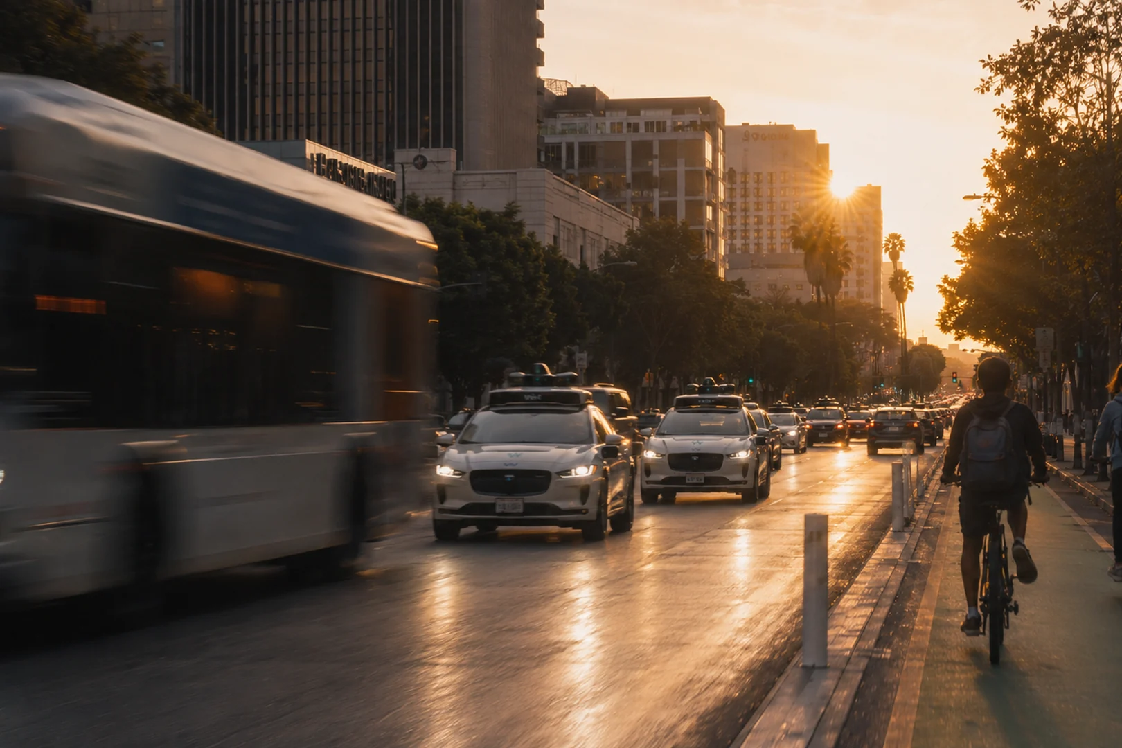 Two sensor-equipped autonomous vehicles driving a city street at golden hour, alongside a transit bus and cyclists in a protected lane