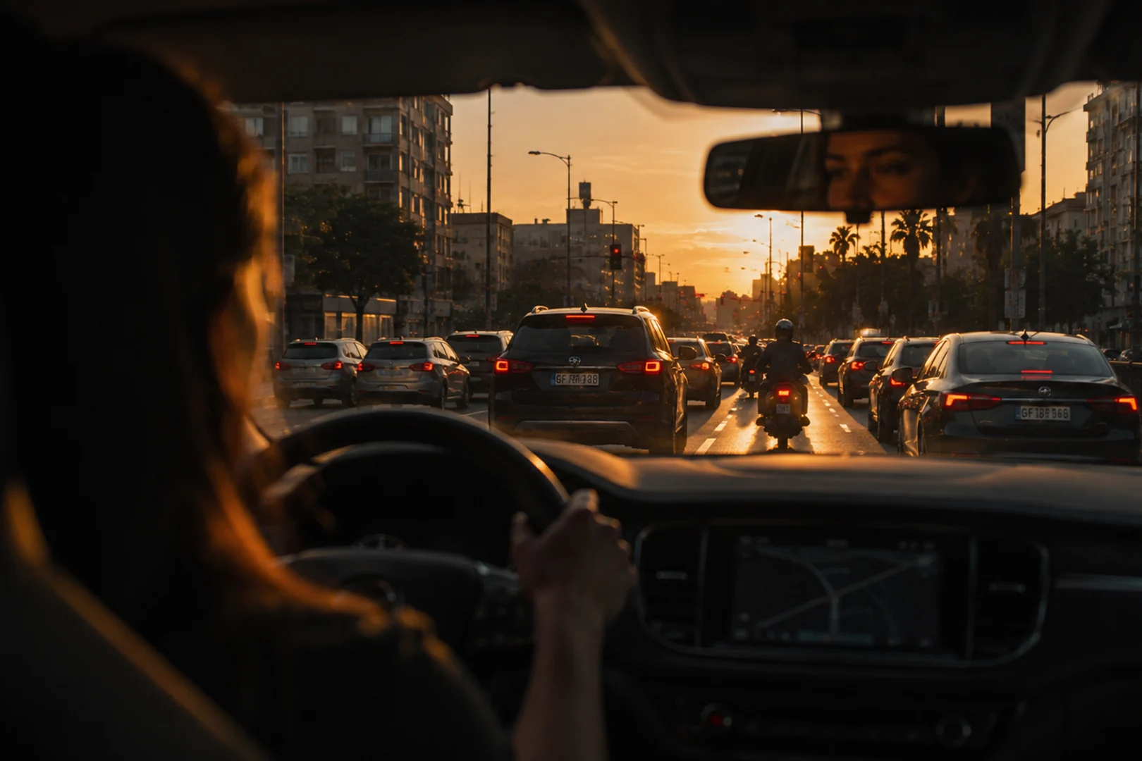 The driver's view from inside a car in dense evening traffic, a motorcyclist filtering between lanes ahead