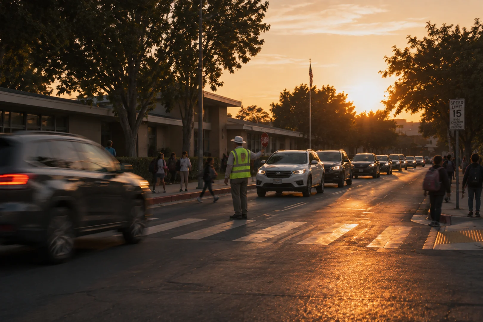 A crossing guard holding traffic at a school crossing in low evening sun, with students on the sidewalk and a queue of cars waiting