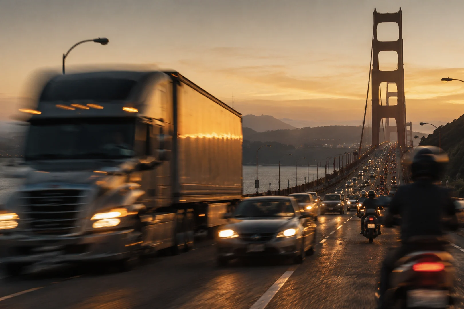 A tractor-trailer crossing a bridge at sunset in mixed traffic, motorcyclists alongside and a line of vehicles ahead