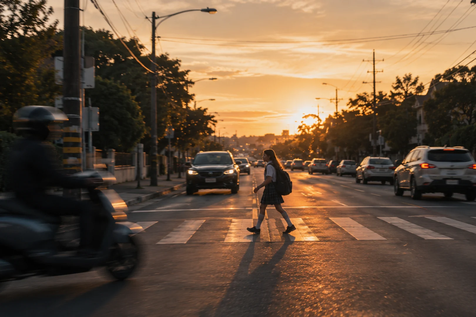 A pedestrian crossing a residential road into low evening sun, a scooter approaching from the left and cars waiting on both sides