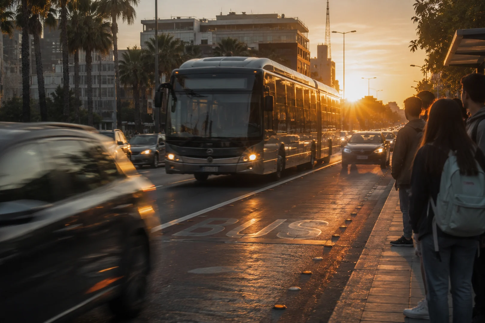 An articulated transit bus pulling along a palm-lined boulevard at golden hour, passengers waiting at the stop and traffic passing in the next lane