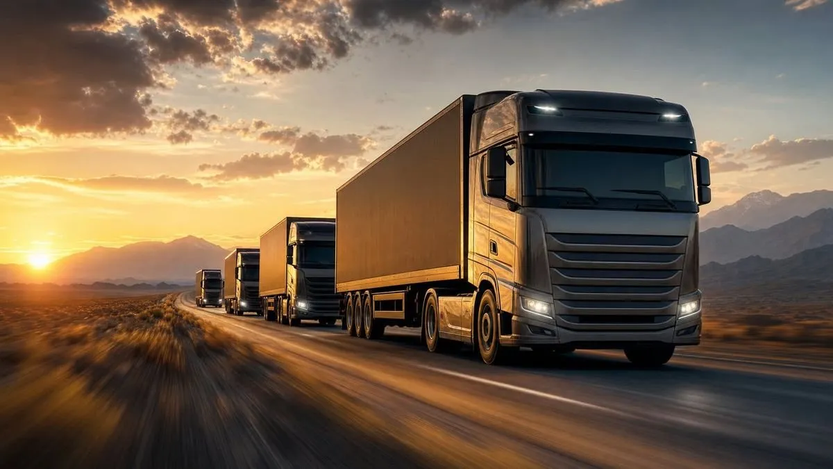 Generated scene: a convoy of lorries on an open plain road
