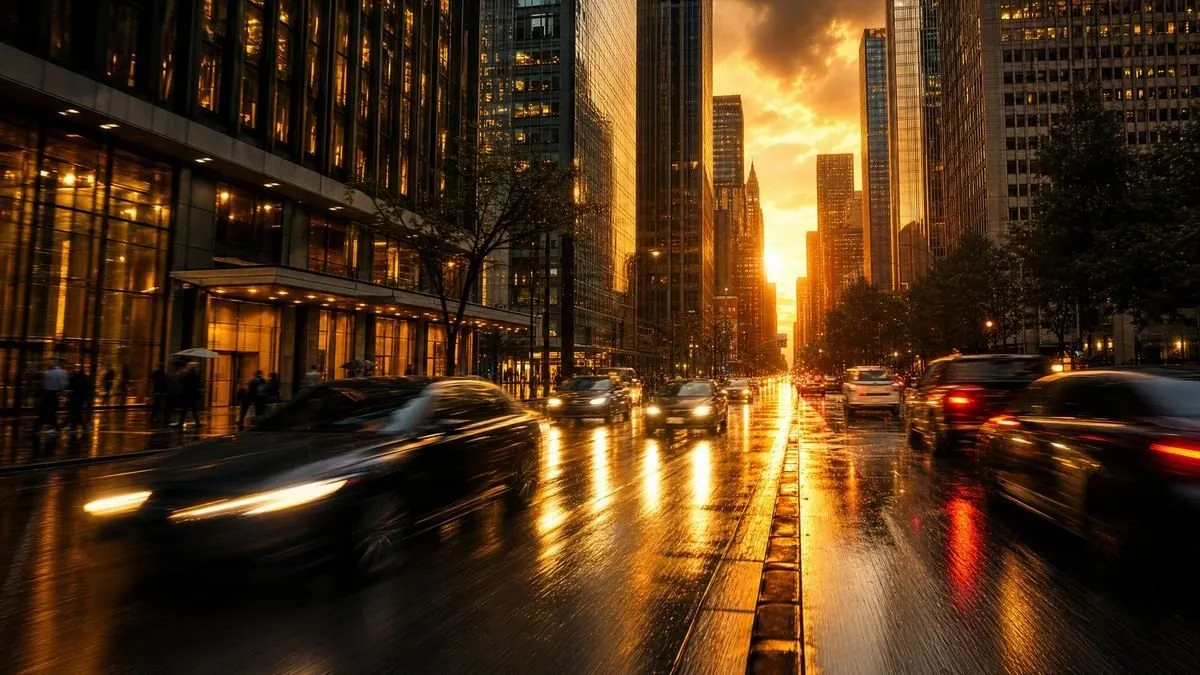 Generated scene: a rain-slick city avenue, headlights on wet asphalt