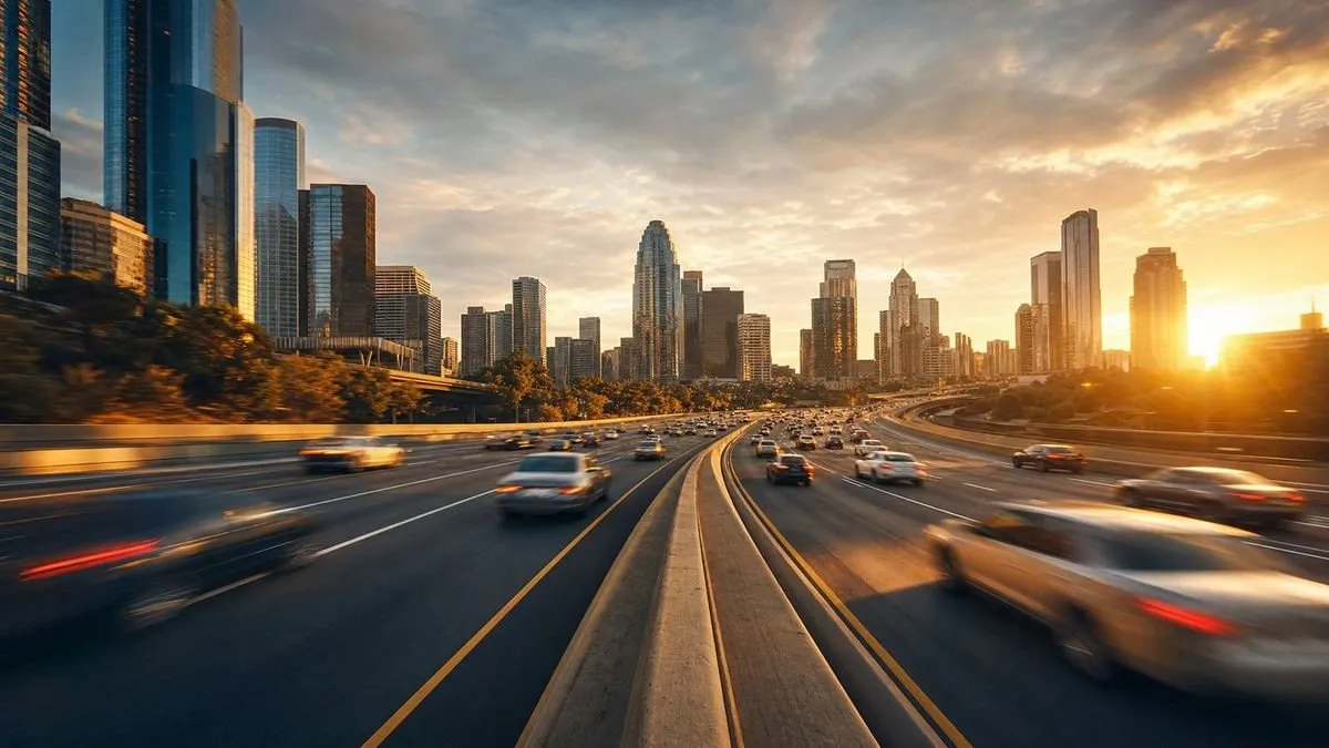 Generated scene: an eight-lane highway curving through a city