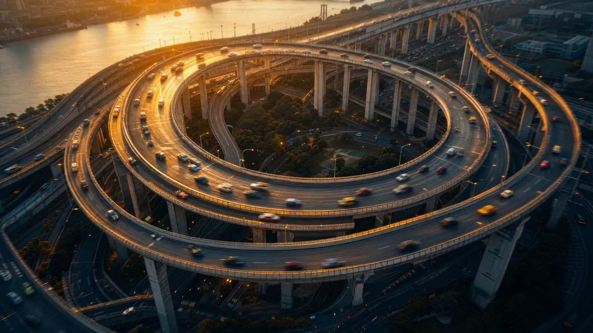 Generated scene: a spiral flyover interchange seen from high above