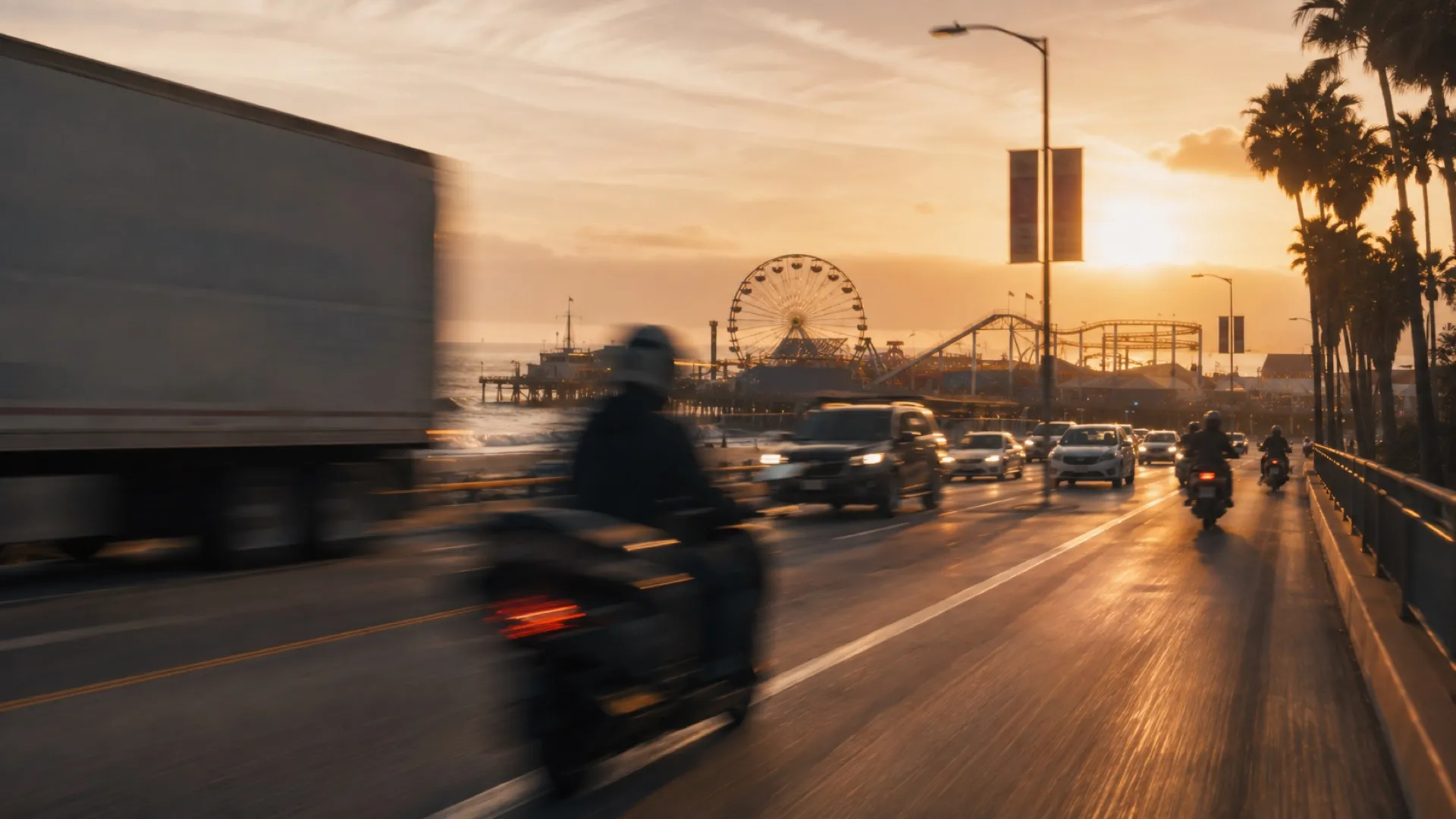 Generated scene: a heavy trailer on a coastal road at dusk, headlights on wet asphalt