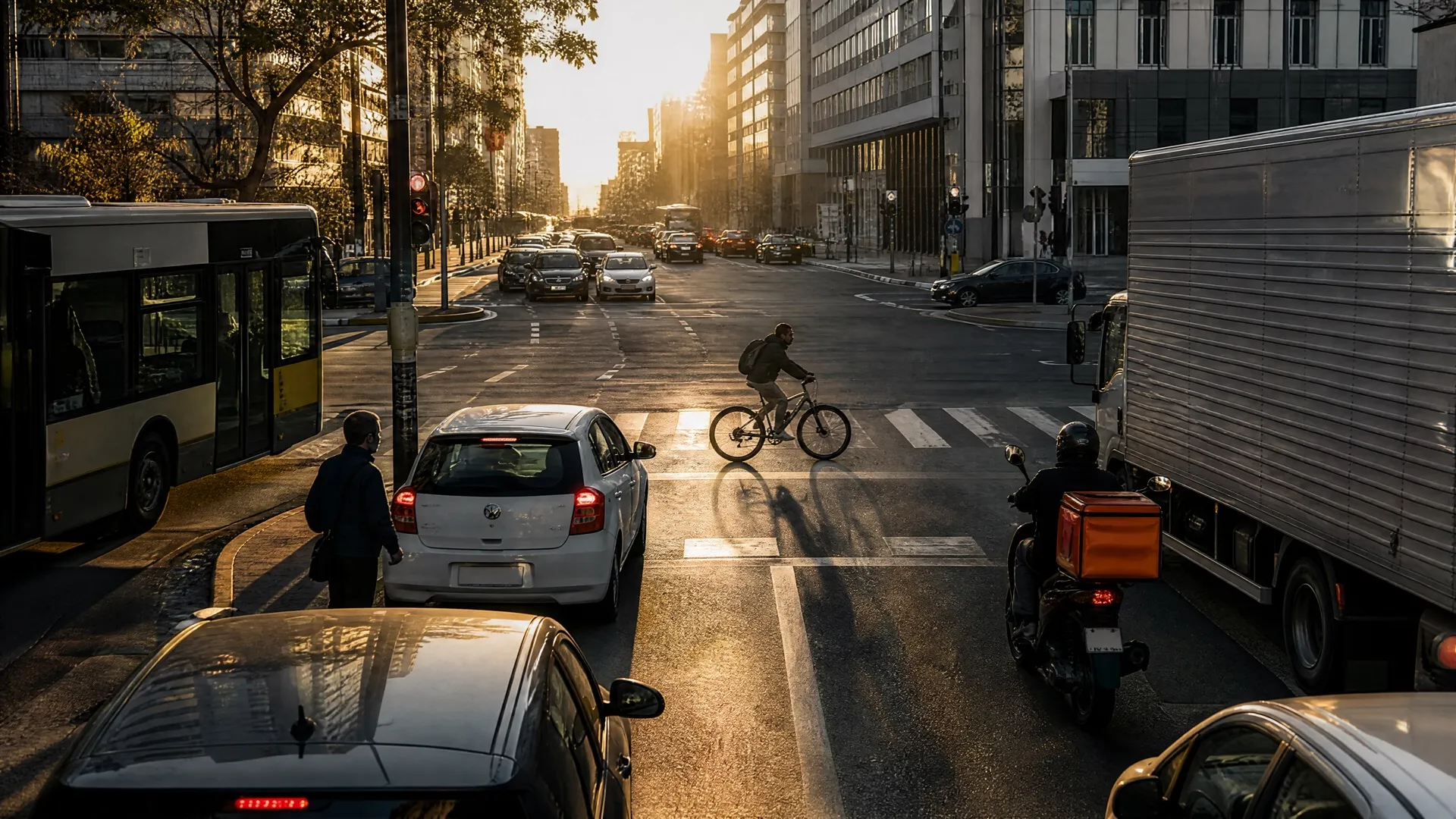 Generated scene: a box lorry and a delivery scooter at a city crossing in low evening sun