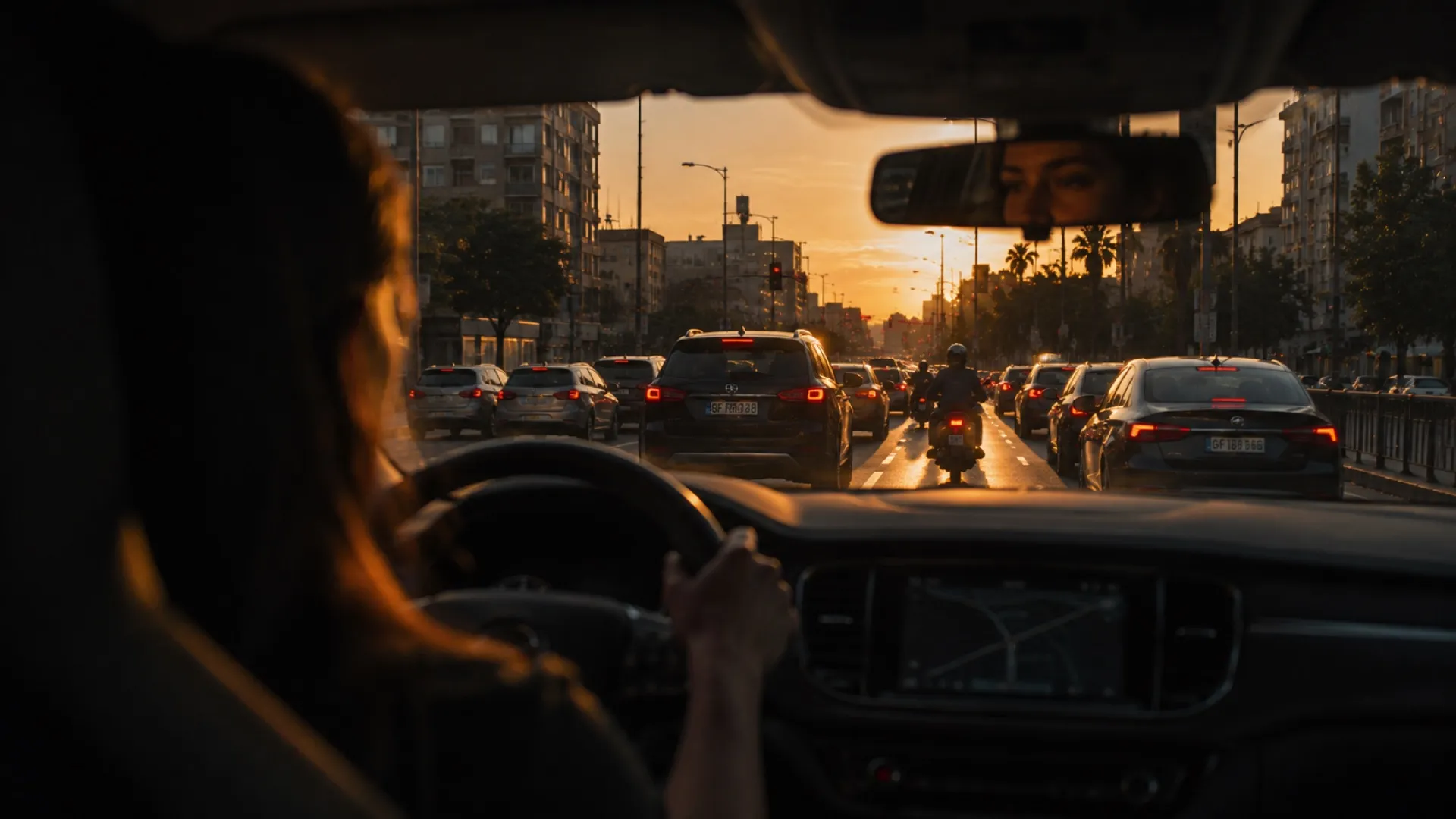 Generated scene: a driver's view from the cab, traffic ahead in low evening sun