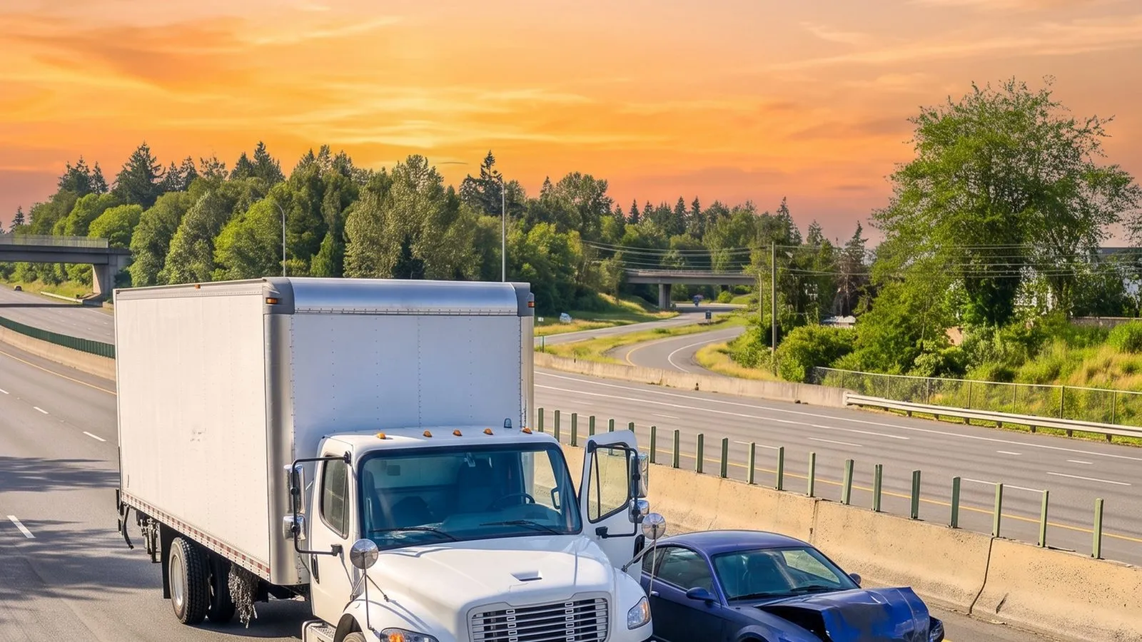 A box truck and a car after a collision on a highway shoulder