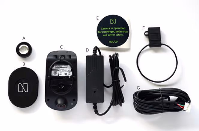 Nauto 2 box contents laid out and labelled A to G