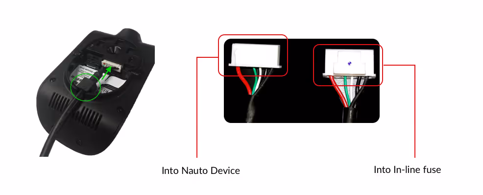 The 9v power cable connected to the Nauto device, square block seated inside