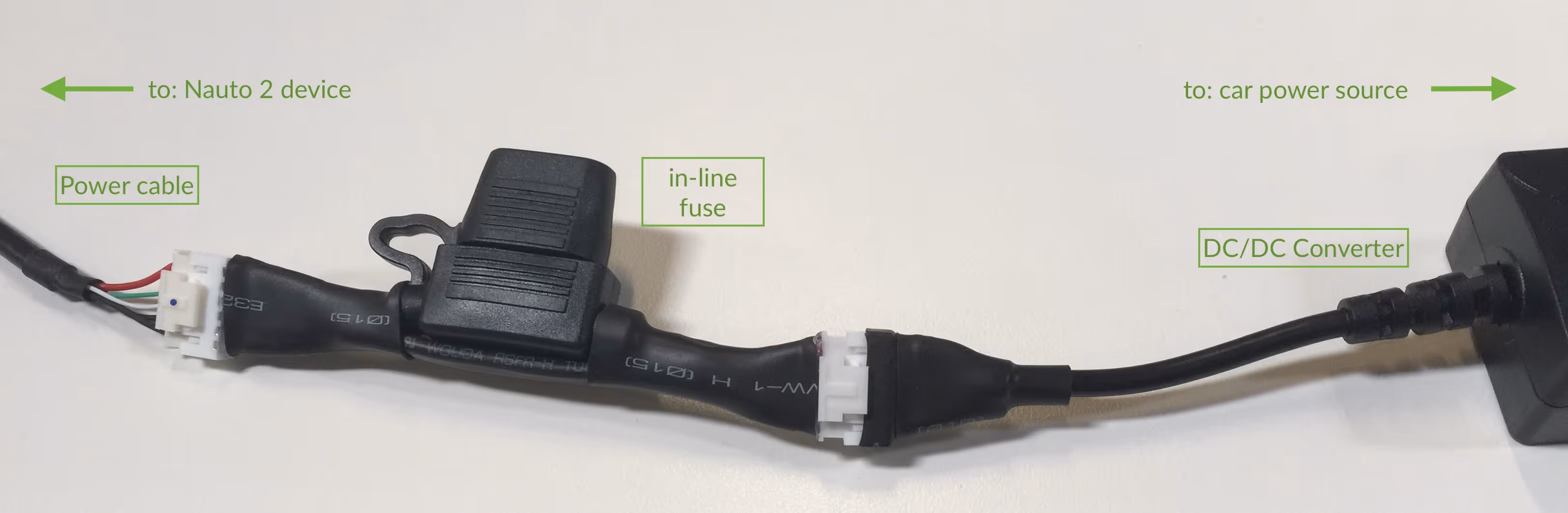 The in-line fuse connected to the DC/DC converter and OBD II connector