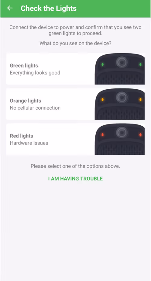 Installer App screen for confirming the colour of the device LEDs