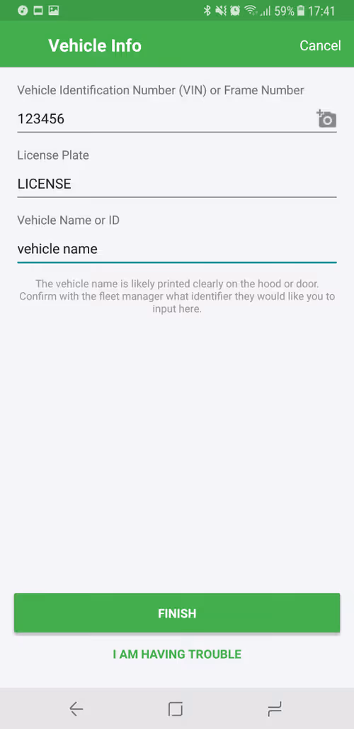 Installer App vehicle information entry screen
