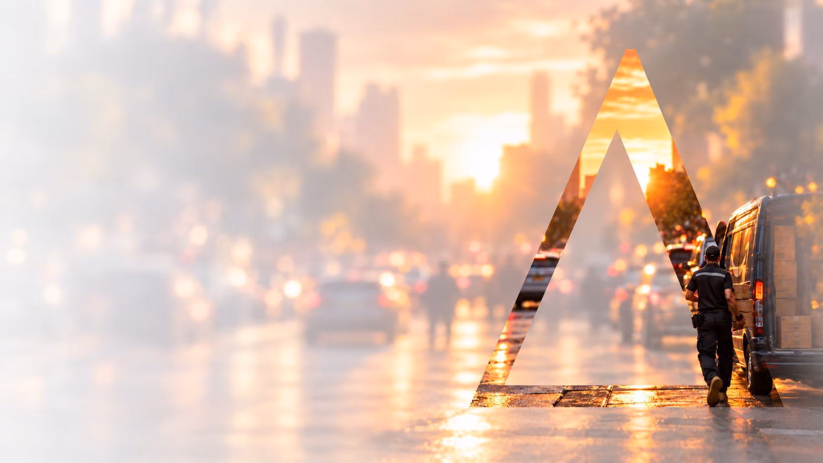 A delivery driver carries boxes from a van along a city street at sunset