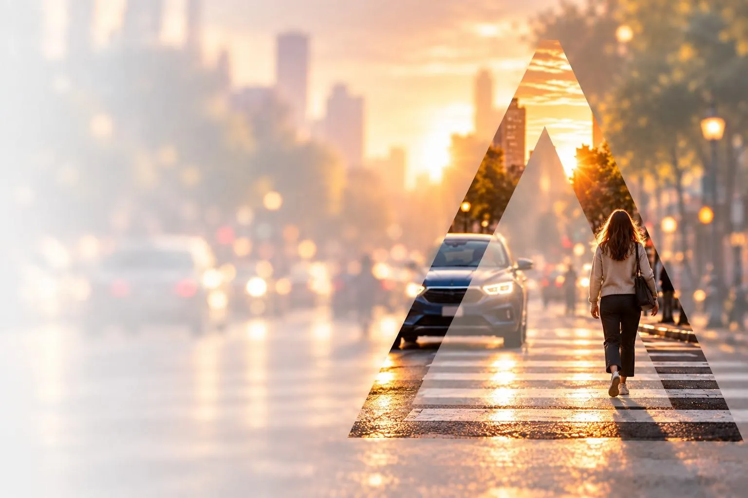A pedestrian crossing a sunlit city street, framed by the Empiric Earth Delta