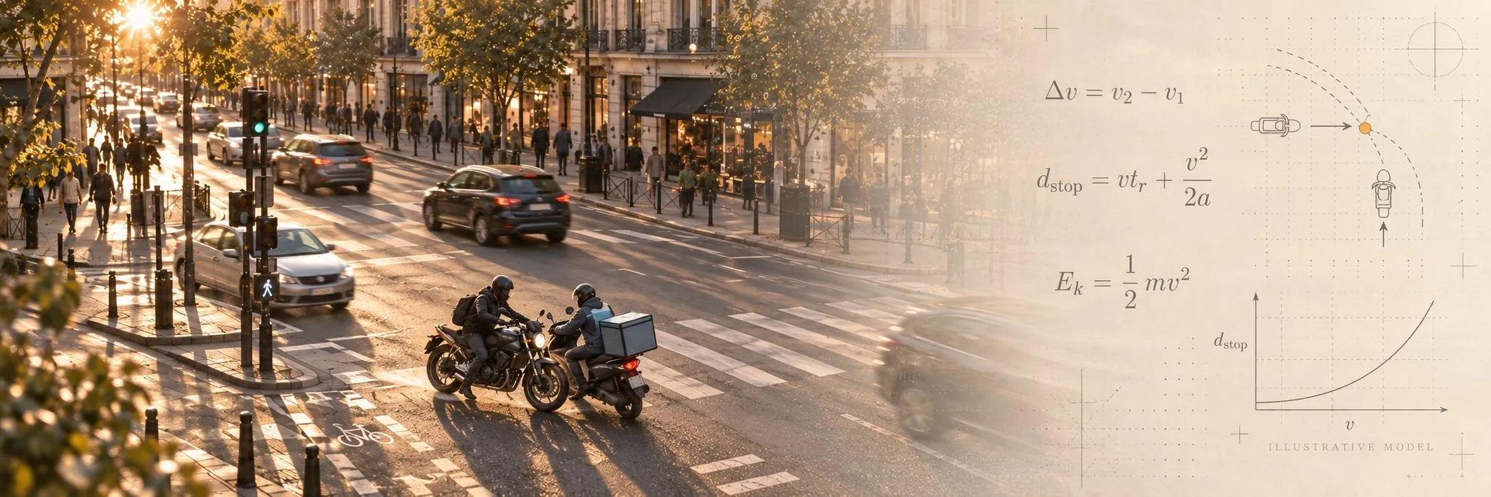 A busy city crossing at golden hour, motorcycles and cars moving through, with stopping-distance formulas overlaid as an illustrative model