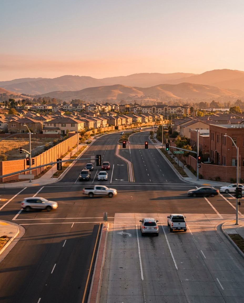 A suburban arterial road at a signalized intersection at sunset, with housing tracts and hills behind.