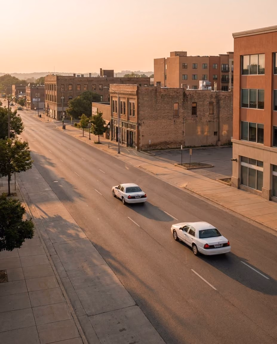 Two white sedans drive along a wide, quiet downtown street in early morning light.