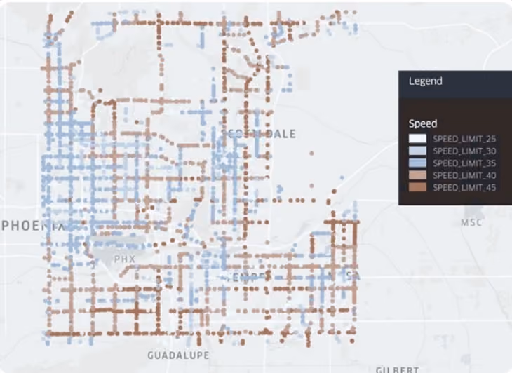 Map of central Phoenix with detected speed limit signs plotted along road segments, coloured by speed limit