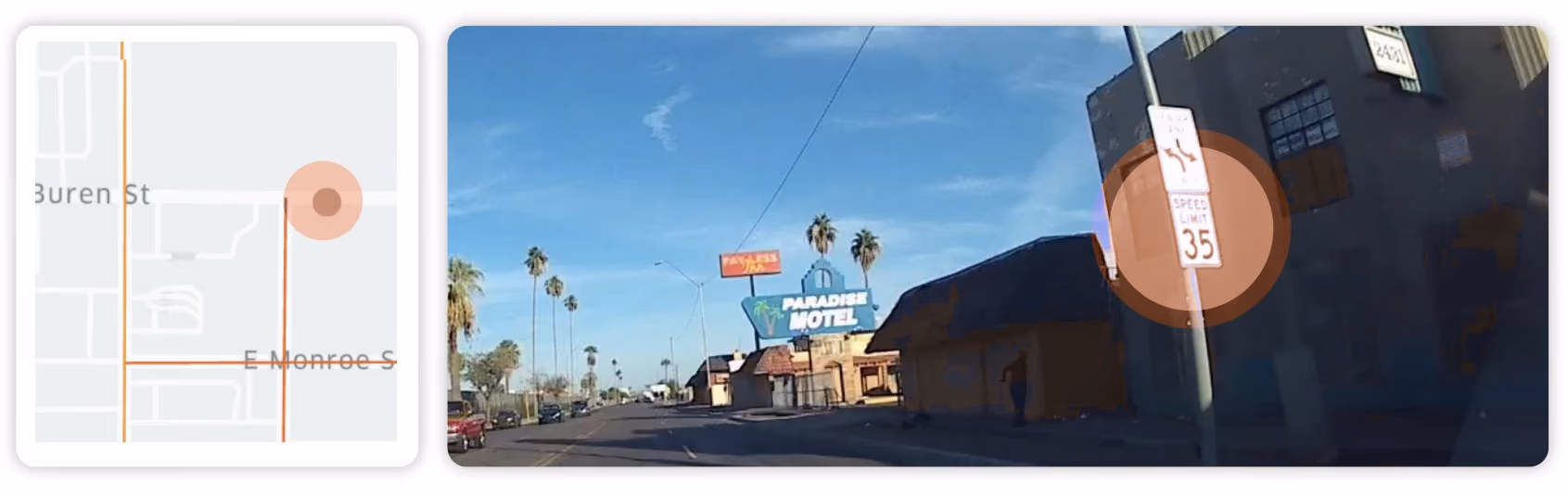 Map location beside a dash cam frame showing a posted speed limit sign on a street with no OSM speed limit