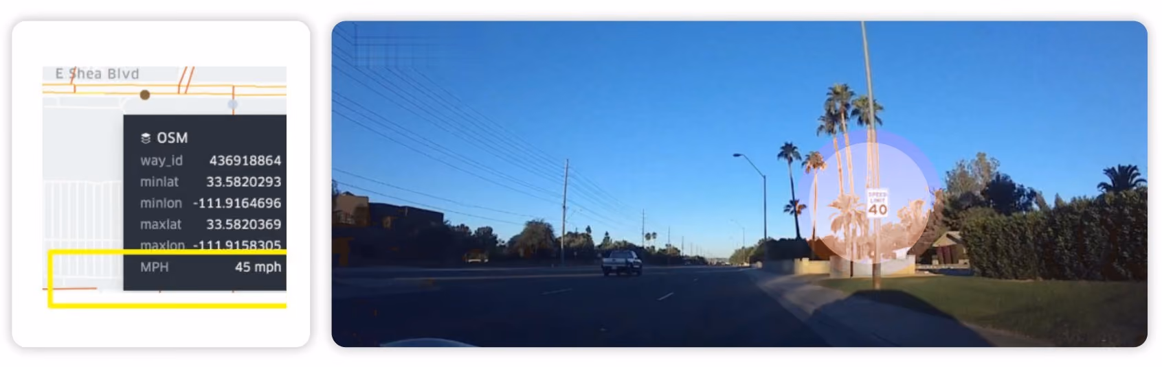 OSM segment details beside a dash cam frame of the same road, where a posted speed limit sign differs from the OSM value