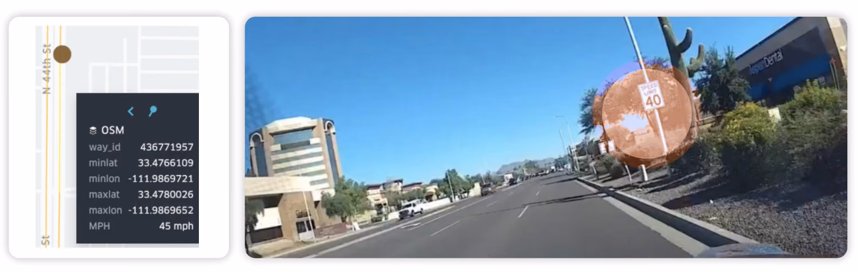 OSM segment details beside a dash cam frame showing a speed limit sign that differs from the OSM value
