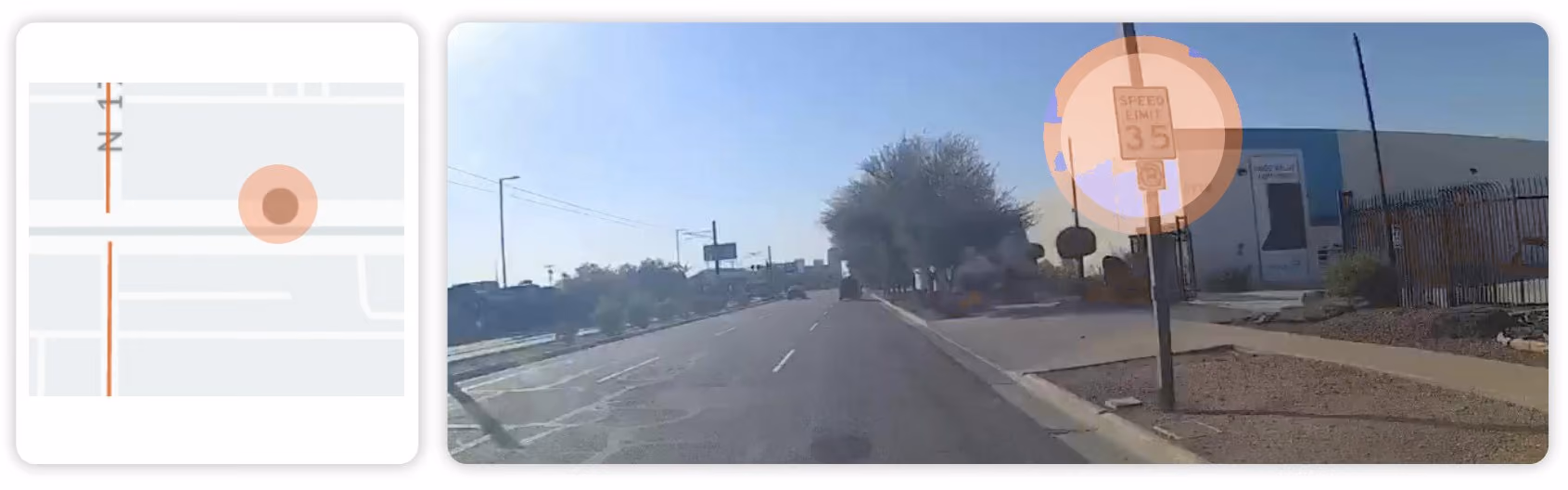 Map location beside a dash cam frame showing a posted speed limit sign on a road with no OSM speed limit