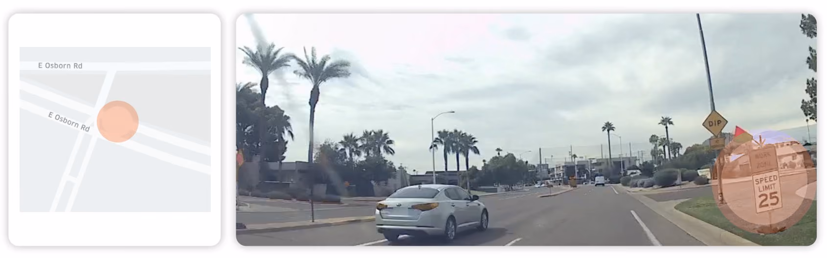 Map location beside a dash cam frame showing a work zone with fresh speed limit signs
