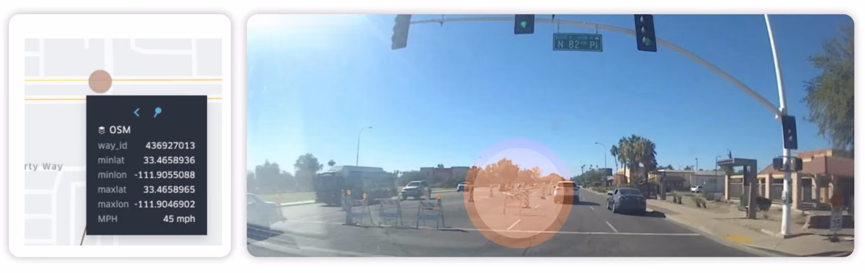 OSM segment details beside a dash cam frame of a signalised intersection in a work zone