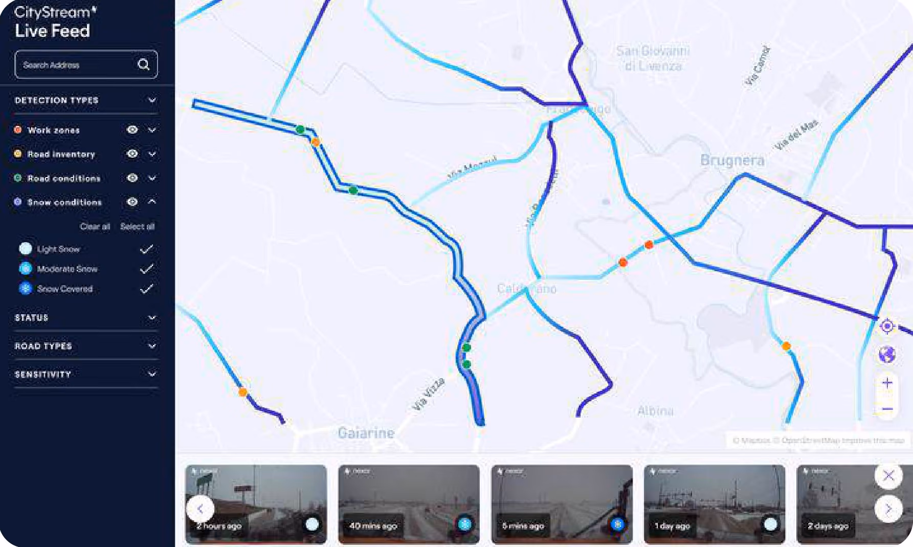CityStream Live Feed map showing snow condition detections along road segments, with recent dash cam frames below