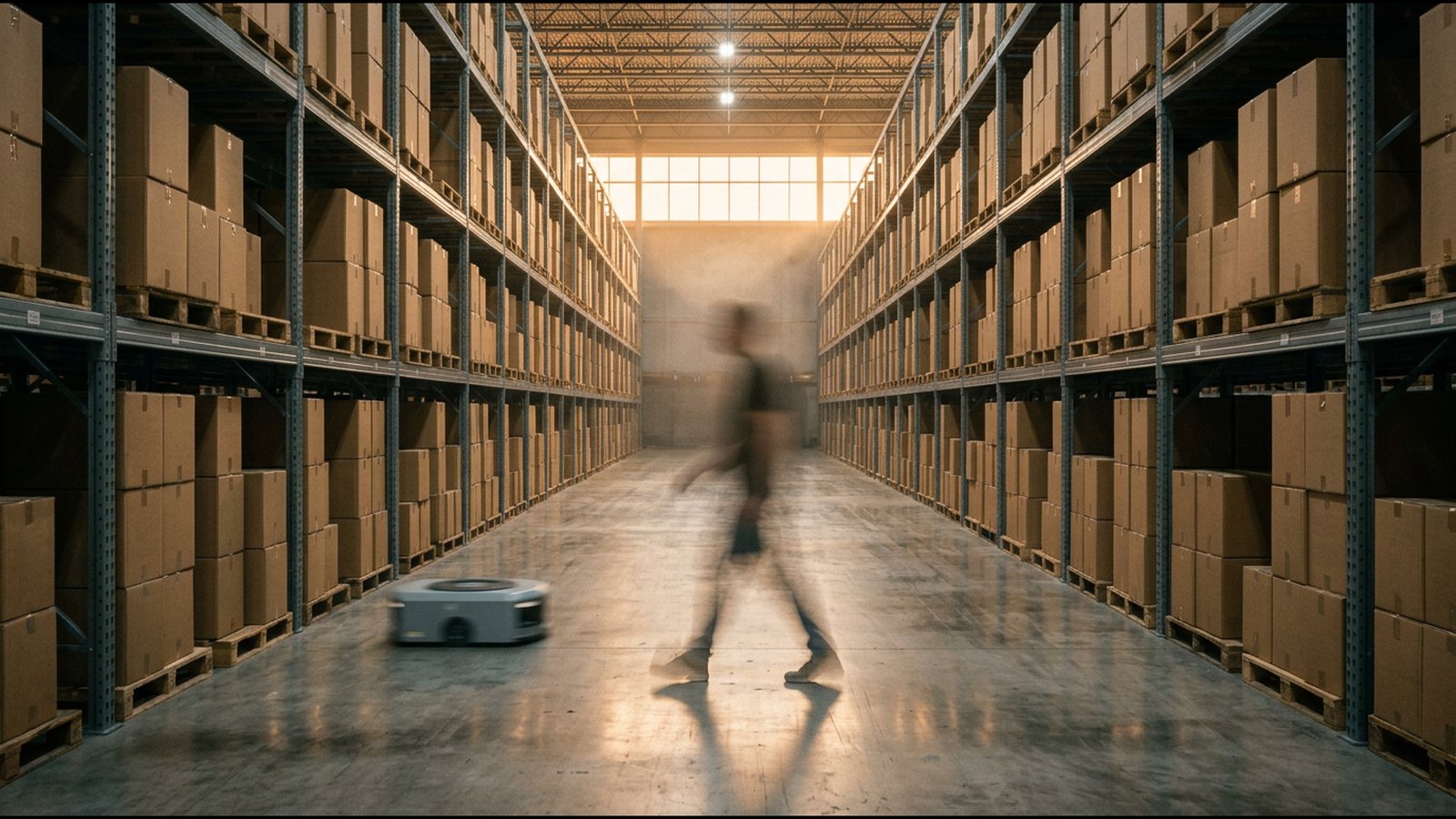 Long exposure of a warehouse aisle: a worker blurs past a small autonomous robot in low afternoon light