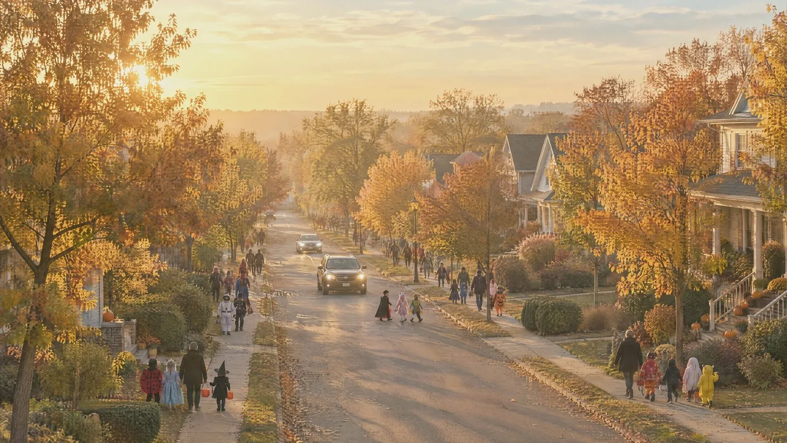 A tree-lined suburban street in autumn light, children in costumes walking along the sidewalks as a car passes